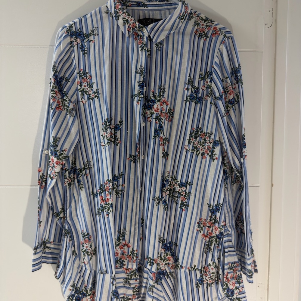RD-koko Blue & White Striped Floral Button-Down